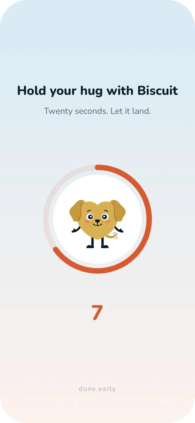 HugTime hug-moment screen — "Hold your hug with Biscuit" with a 20-second coral countdown ring around Biscuit the dog mascot.